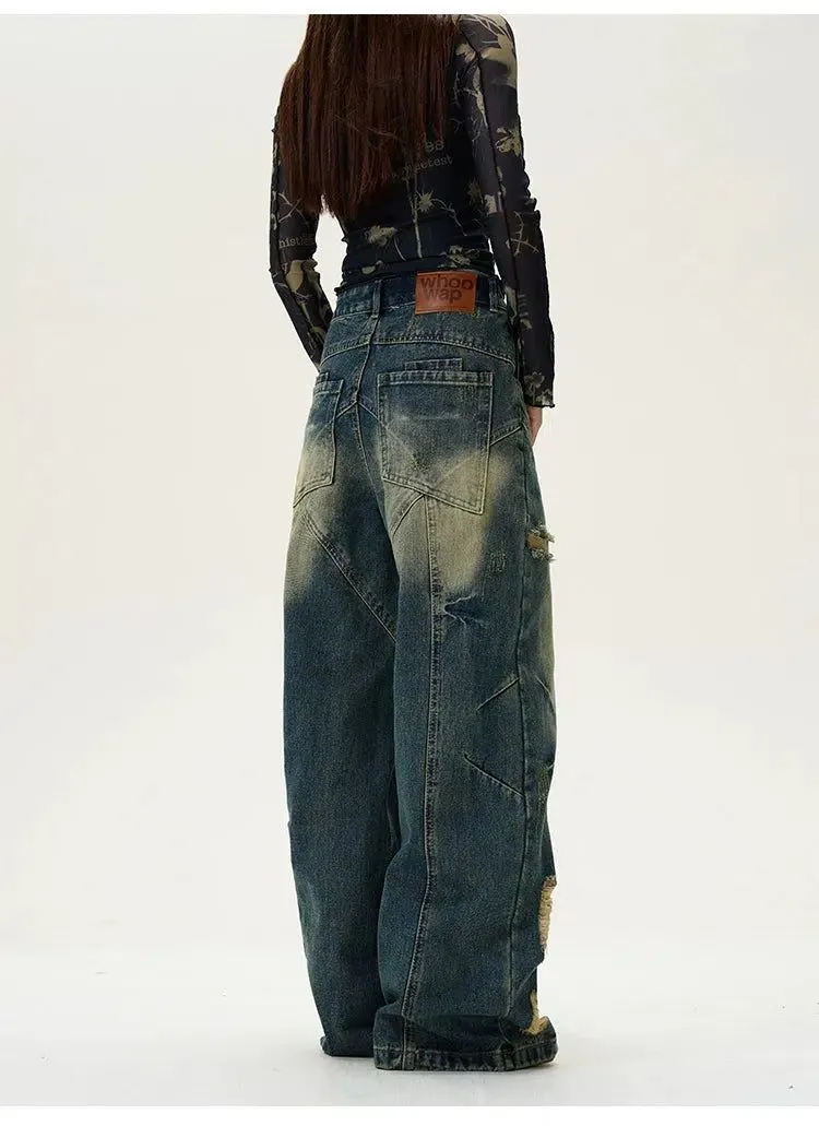 Faded Effect Wide Ripped Jeans