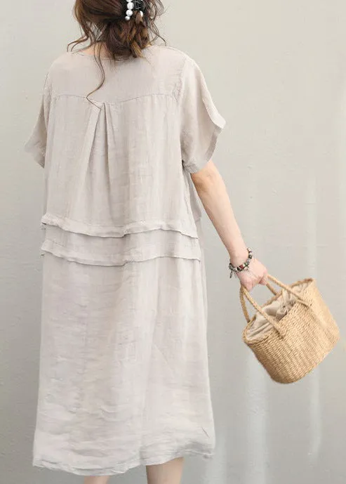 fine beige linen dress casual linen clothing dresses women o neck patchwork cotton dress