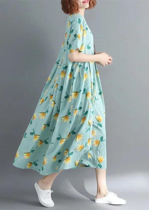 fine floral Midi cotton dresses plus size clothing casual dress Elegant short sleeve o neck long dress