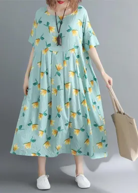 fine floral Midi cotton dresses plus size clothing casual dress Elegant short sleeve o neck long dress