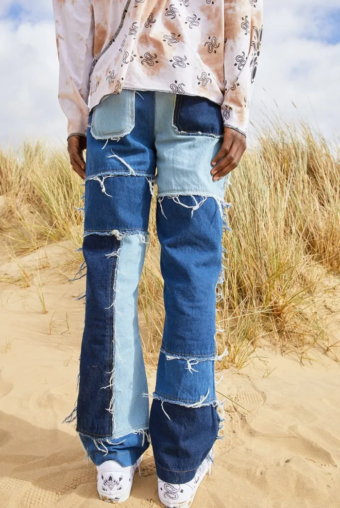 Frayed Patchwork Denim Skate Jeans