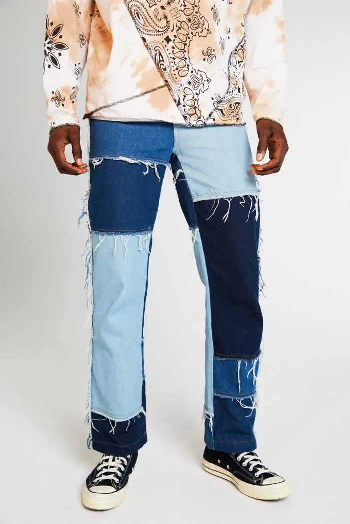 Frayed Patchwork Denim Skate Jeans