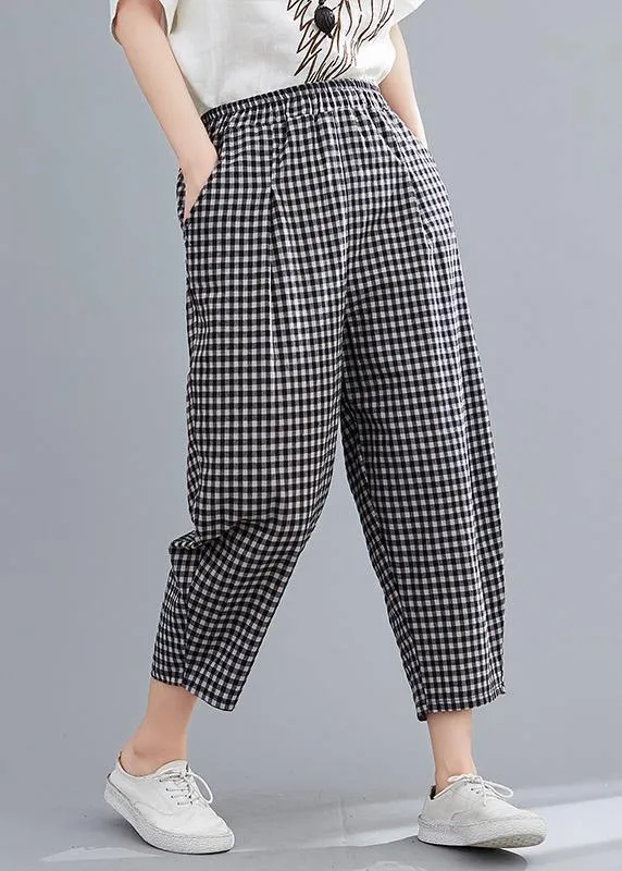 High-waist cotton linen checked harem pants