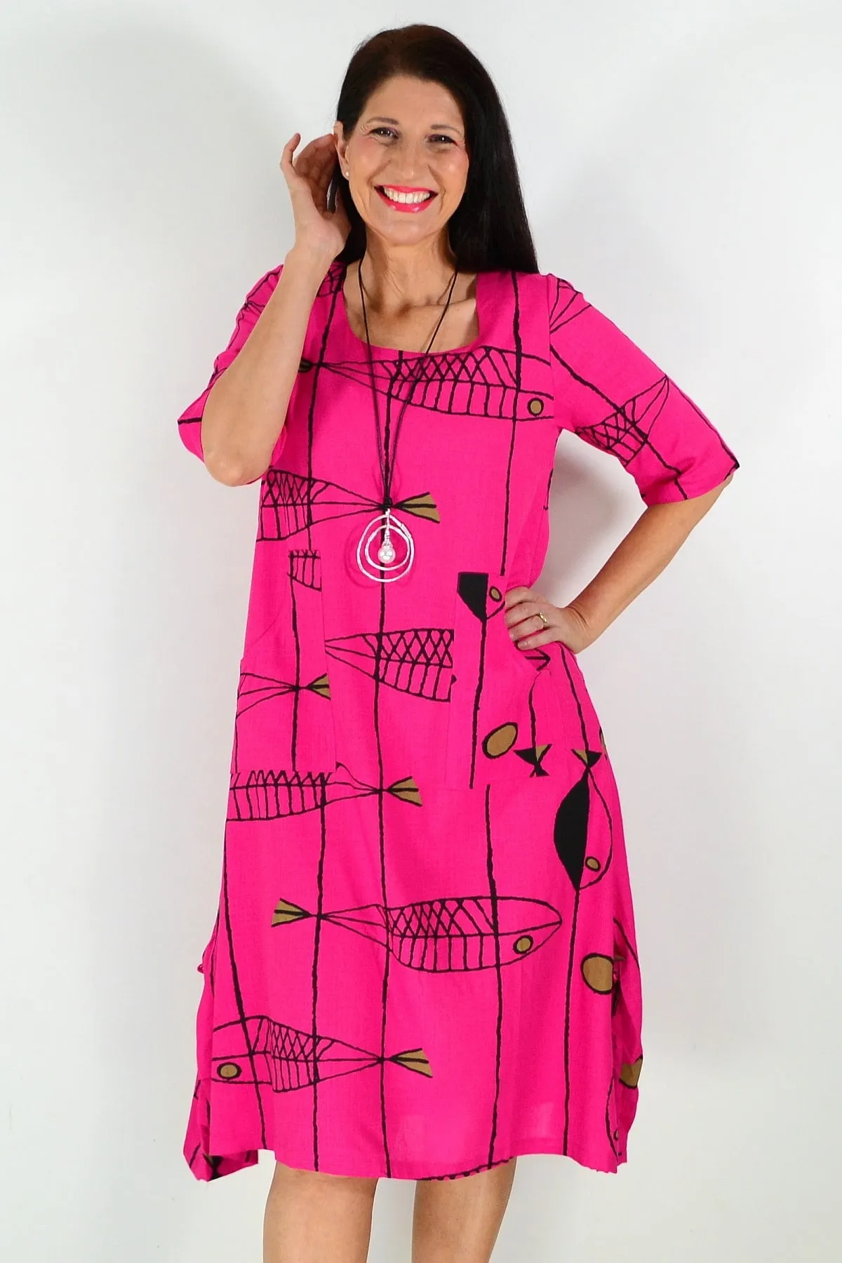 Hot Pink Linen Cotton Print Tunic Dress