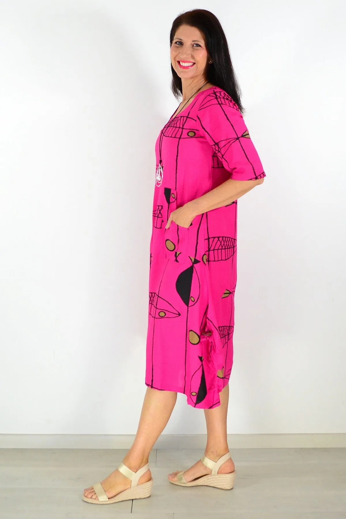 Hot Pink Linen Cotton Print Tunic Dress