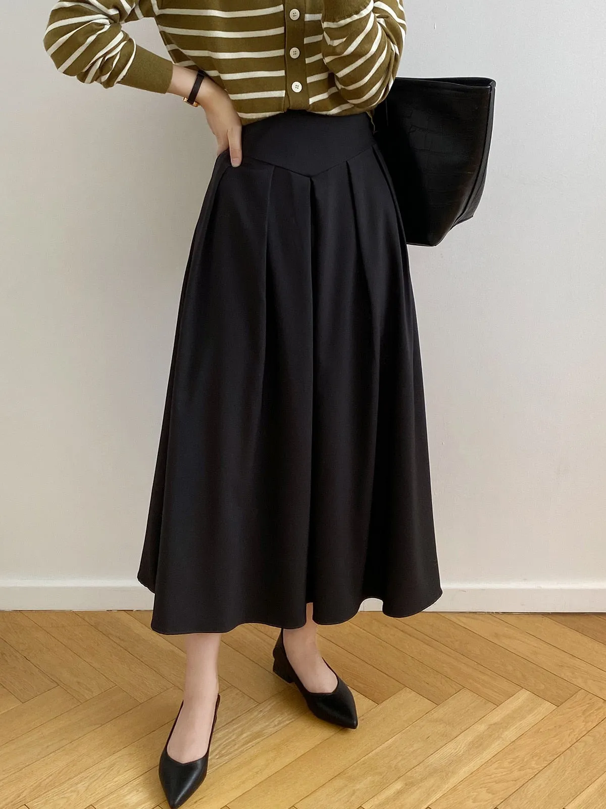 [Korean Style] French Style High Waist Pleated A-line Skirt