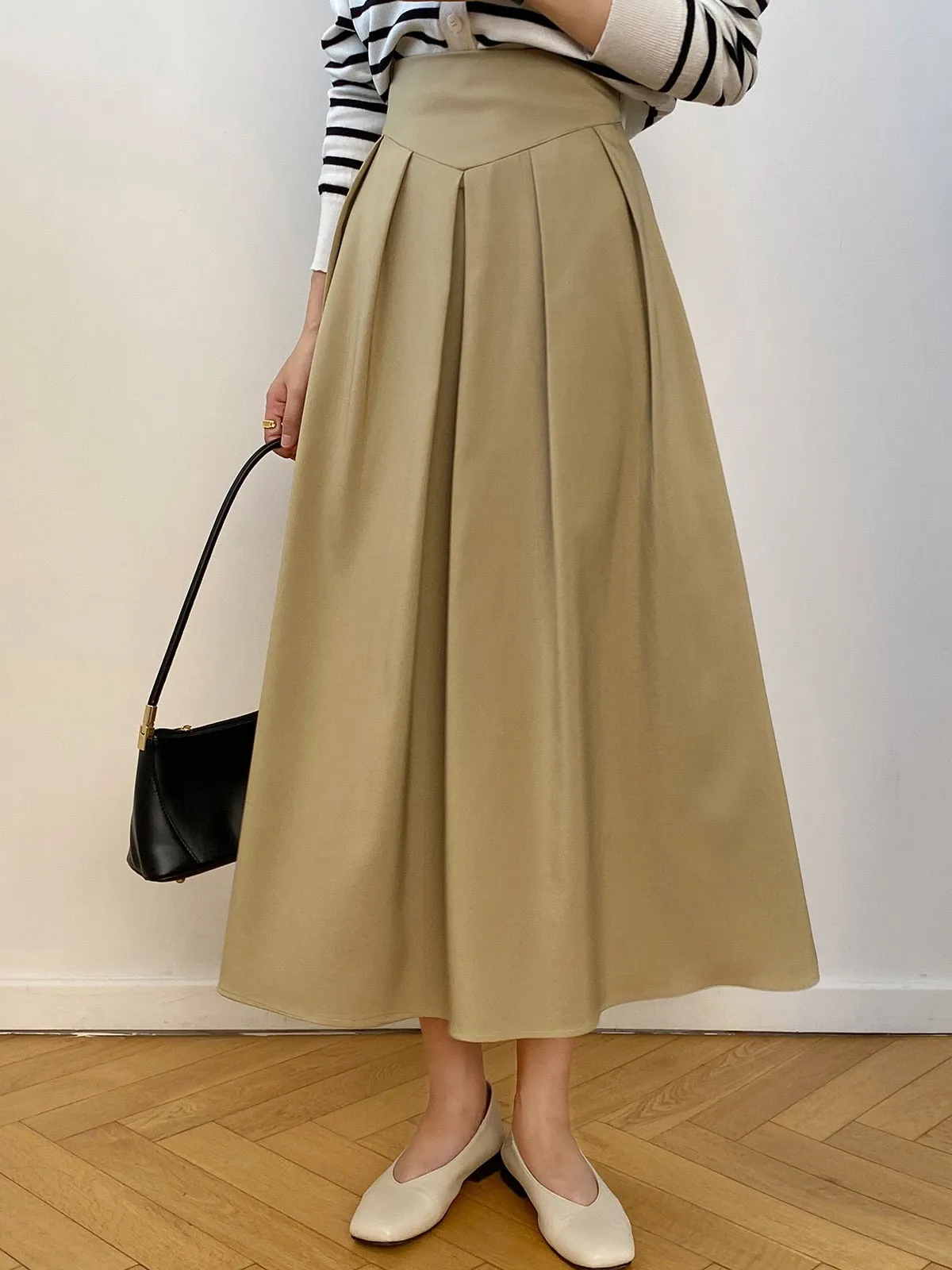 [Korean Style] French Style High Waist Pleated A-line Skirt