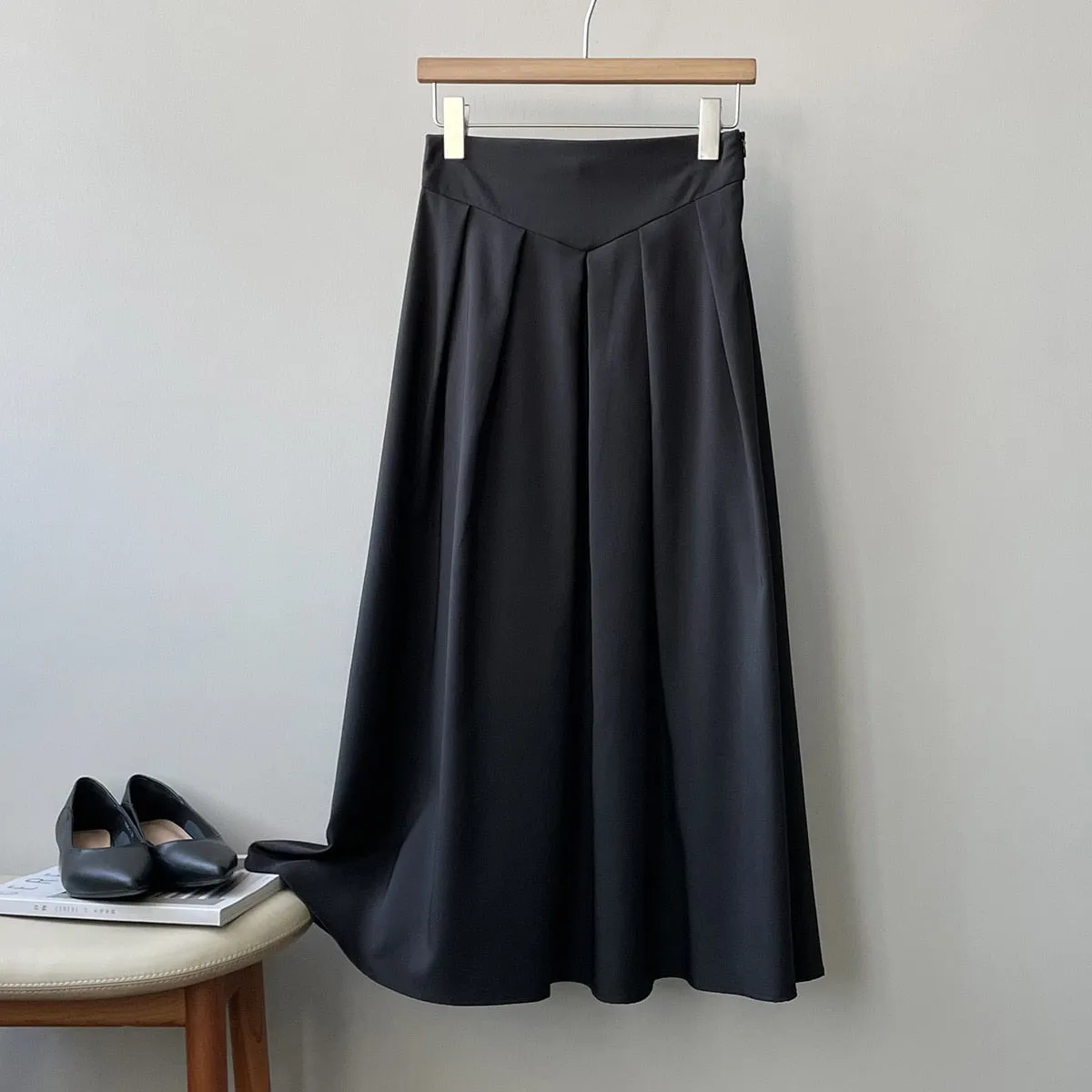 [Korean Style] French Style High Waist Pleated A-line Skirt