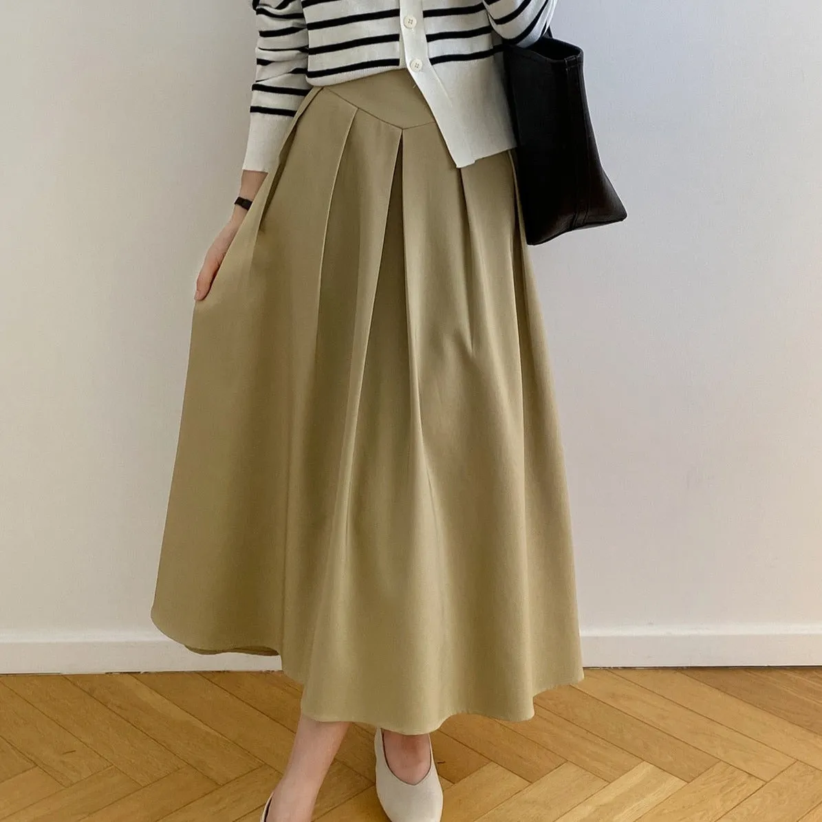 [Korean Style] French Style High Waist Pleated A-line Skirt