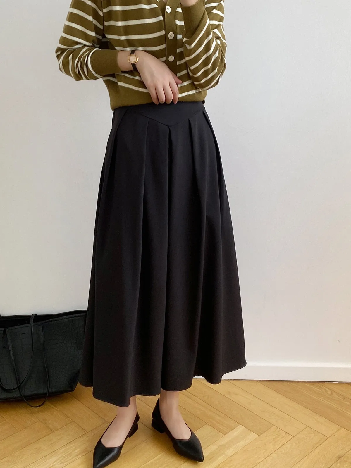 [Korean Style] French Style High Waist Pleated A-line Skirt