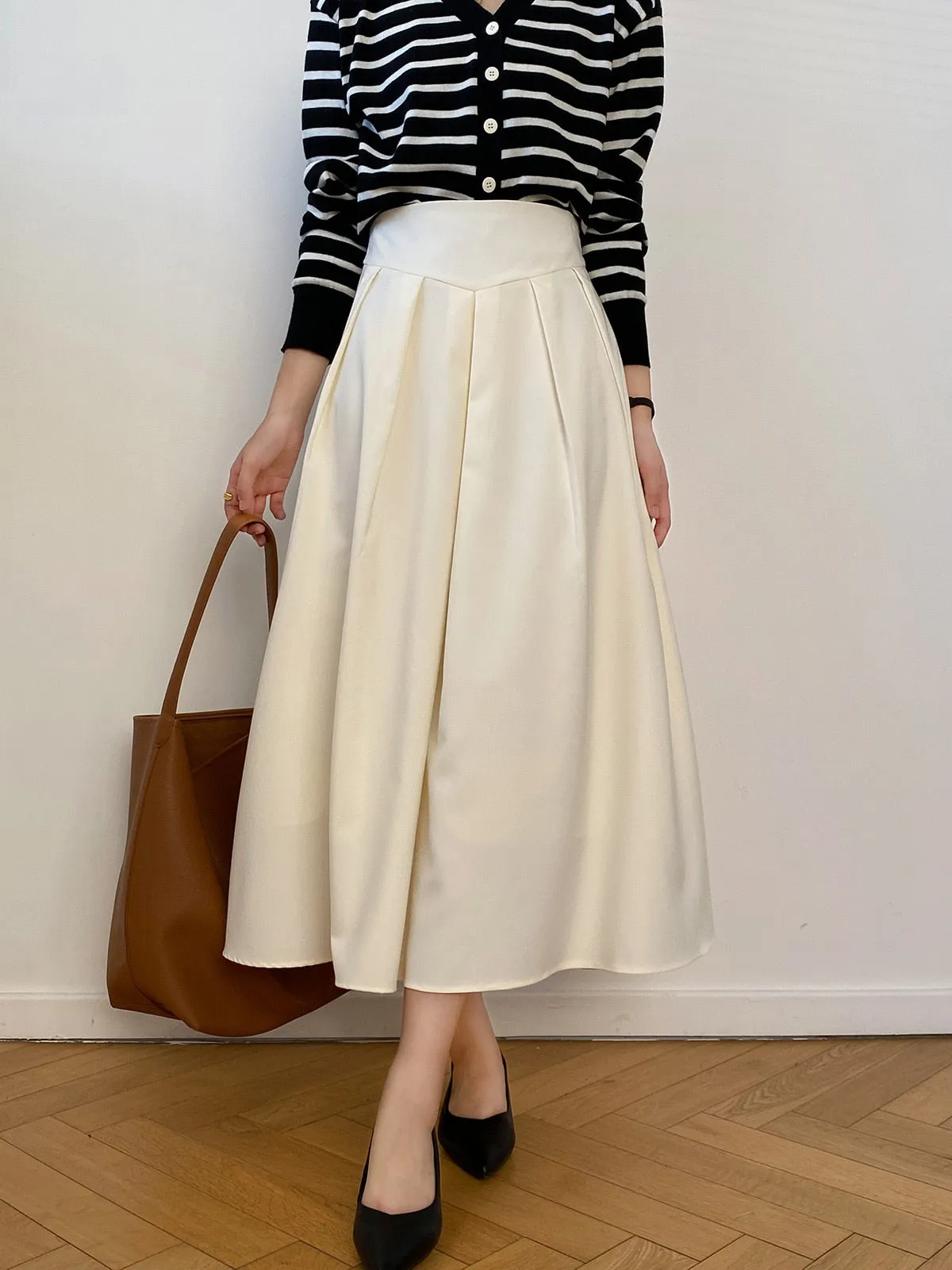 [Korean Style] French Style High Waist Pleated A-line Skirt