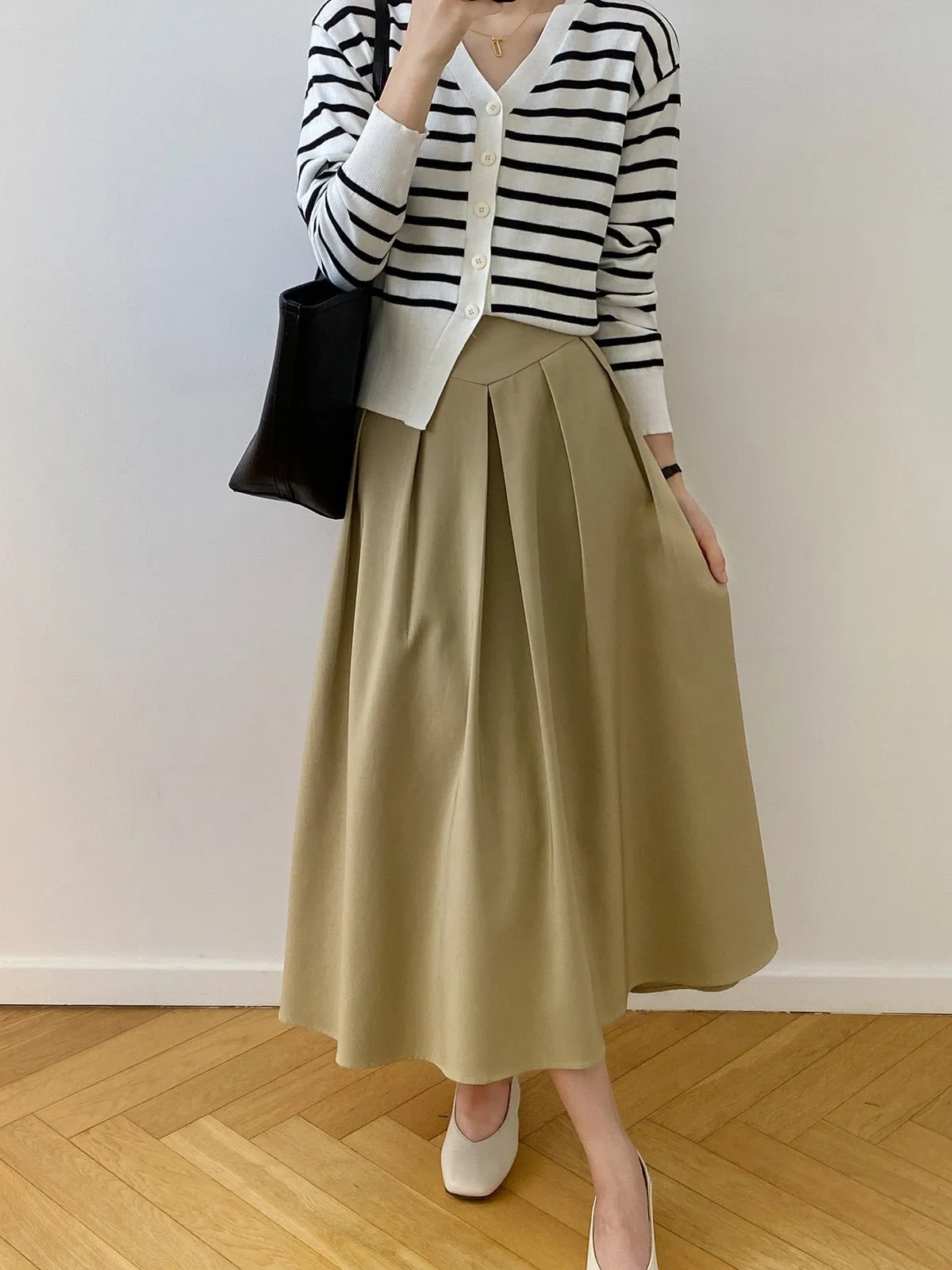 [Korean Style] French Style High Waist Pleated A-line Skirt