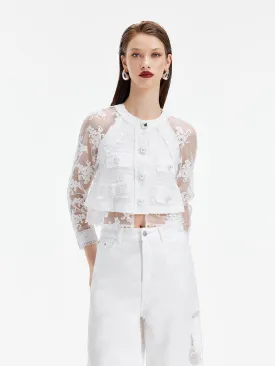 Lace Embroidery Patchwork Tweed Blouse