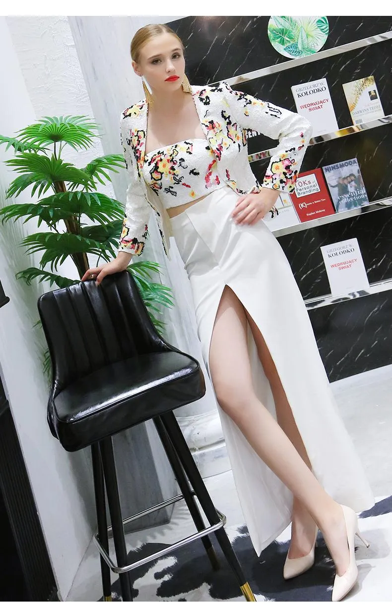 limited edition designer multi sewuin white skirt   strapless bustier   white sequin blazer three piece suit set.- Georgie