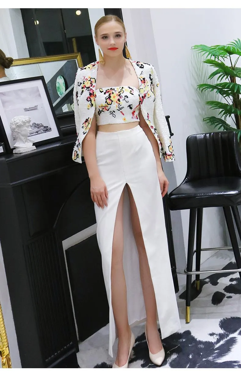 limited edition designer multi sewuin white skirt   strapless bustier   white sequin blazer three piece suit set.- Georgie