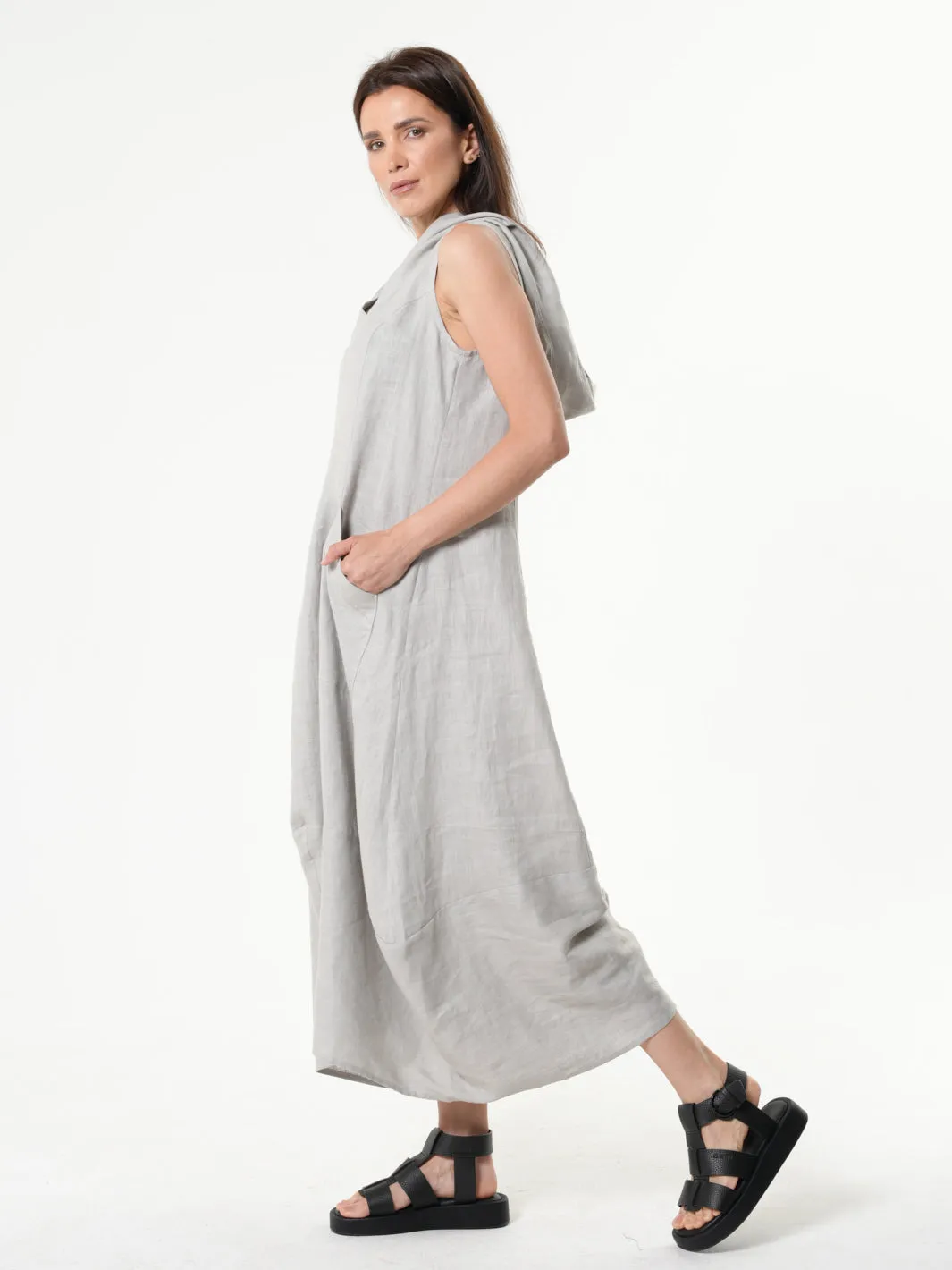 Linen Hooded Dress In Gray