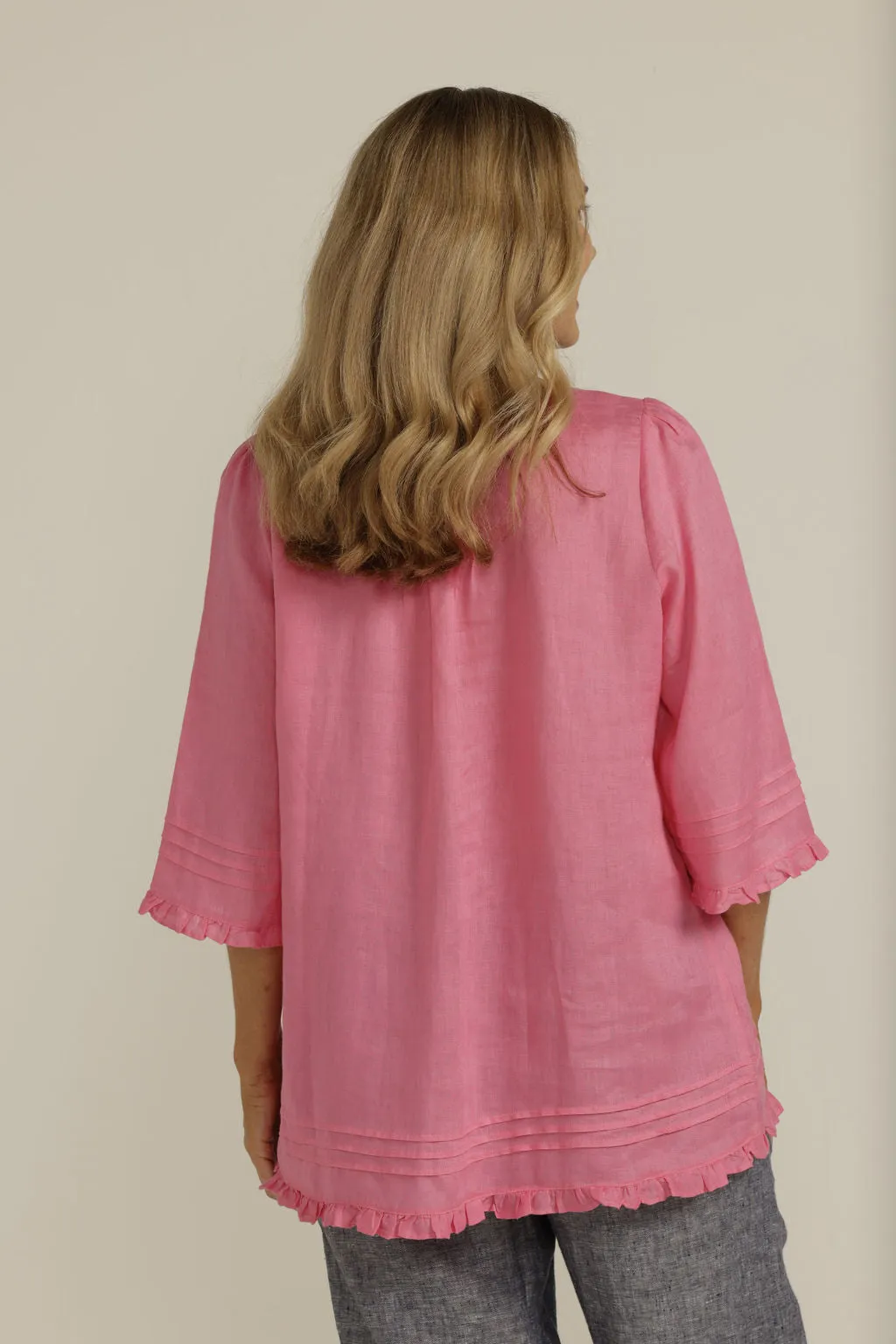 Linen Pintuck Trapeze Top Bright Pink