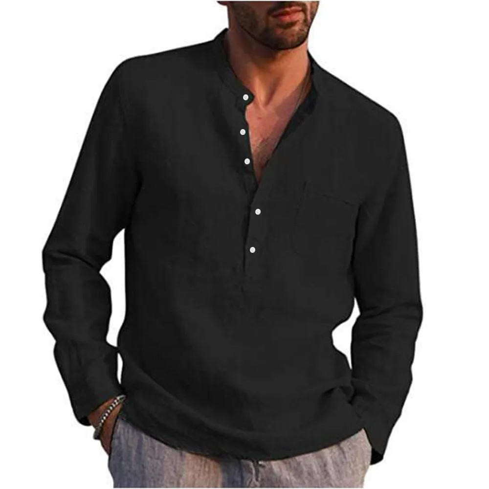 Long Sleeve Henley Pure Cotton Linen Shirts - Casual Summer Beach Style