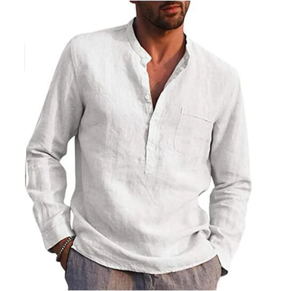 Long Sleeve Henley Pure Cotton Linen Shirts - Casual Summer Beach Style