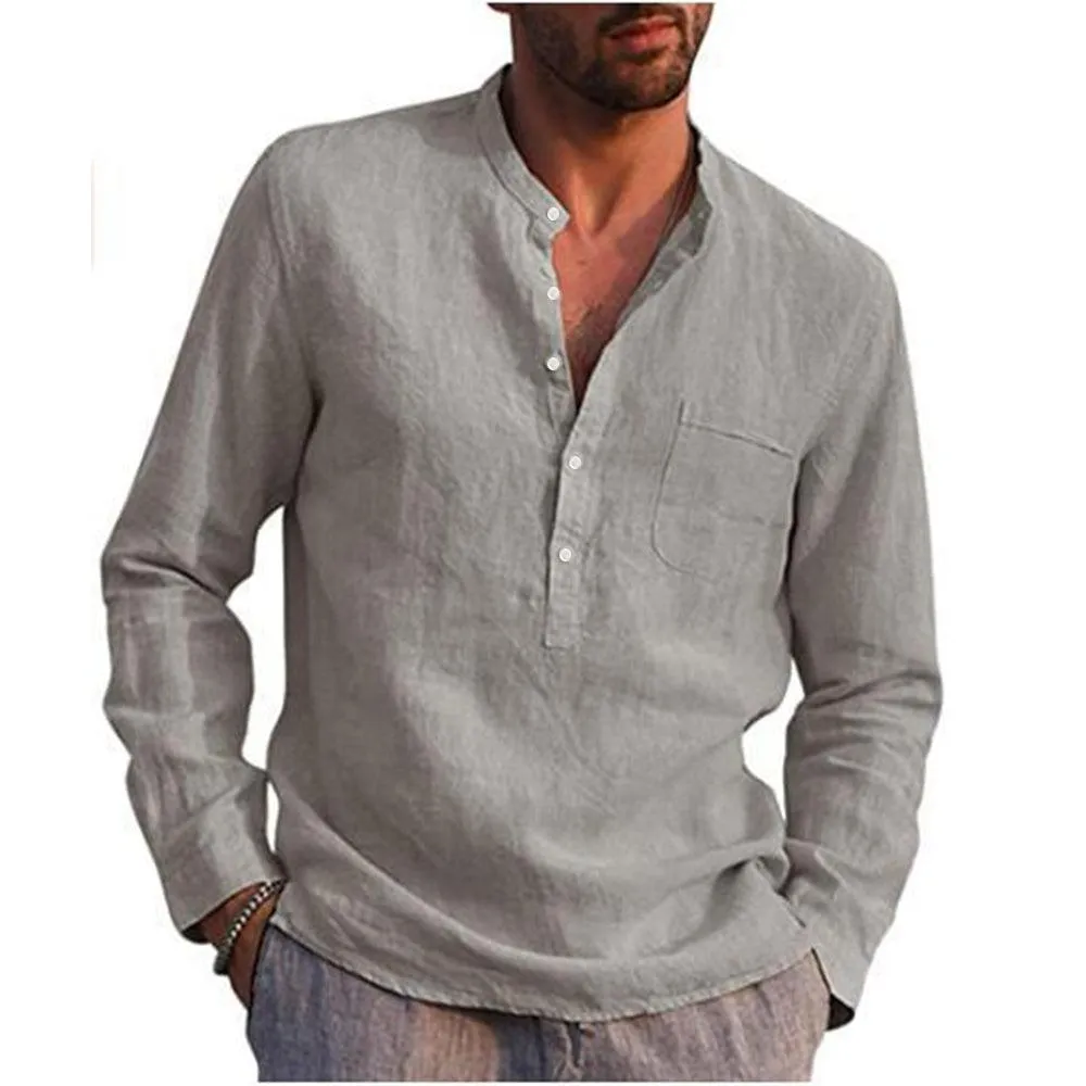 Long Sleeve Henley Pure Cotton Linen Shirts - Casual Summer Beach Style