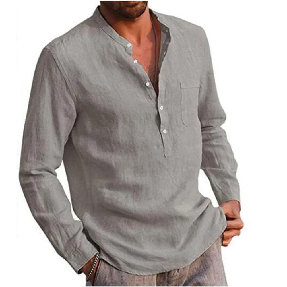 Long Sleeve Henley Pure Cotton Linen Shirts - Casual Summer Beach Style