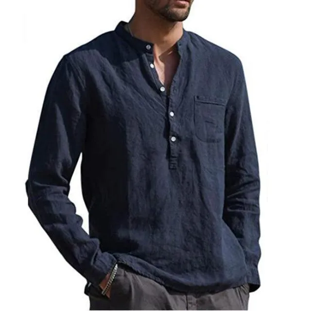 Long Sleeve Henley Pure Cotton Linen Shirts - Casual Summer Beach Style