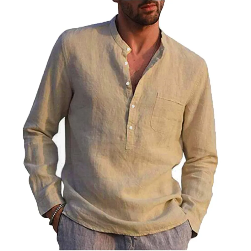 Long Sleeve Henley Pure Cotton Linen Shirts - Casual Summer Beach Style