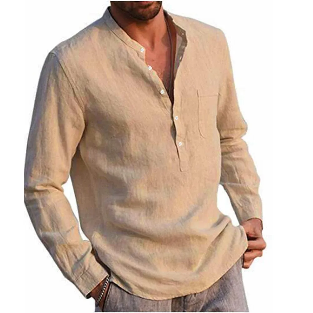 Long Sleeve Henley Pure Cotton Linen Shirts - Casual Summer Beach Style