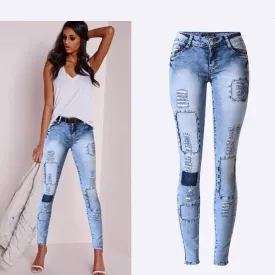 Low Waist Sky Blue Patchwork Skinny Women Jeans*