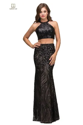 Lucci Lu 8258 Black Nude Sequin 2 Piece Dress - Size 8