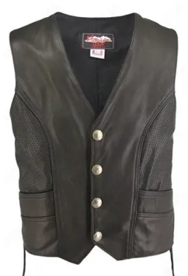 Made in USA Black Semi-Perforated Naked Leather Motorcycle Vest with Gun Pockets Buffalo Nickel Snaps