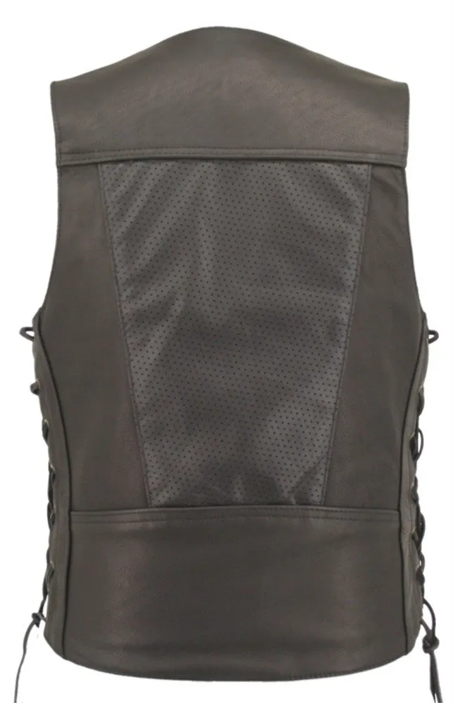 Made in USA Black Semi-Perforated Naked Leather Motorcycle Vest with Gun Pockets Buffalo Nickel Snaps