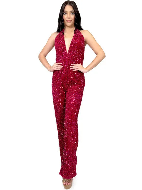 Marc Defang 8049 Long Jumpsuit Fun Fashion Velvet Sequin Halter Pageant Wear