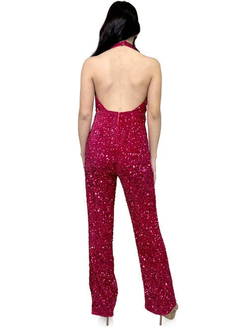 Marc Defang 8049 Long Jumpsuit Fun Fashion Velvet Sequin Halter Pageant Wear