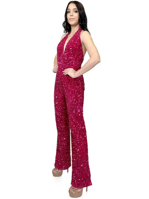 Marc Defang 8049 Long Jumpsuit Fun Fashion Velvet Sequin Halter Pageant Wear