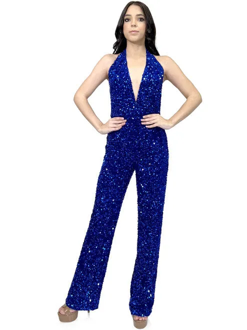 Marc Defang 8049 Long Jumpsuit Fun Fashion Velvet Sequin Halter Pageant Wear