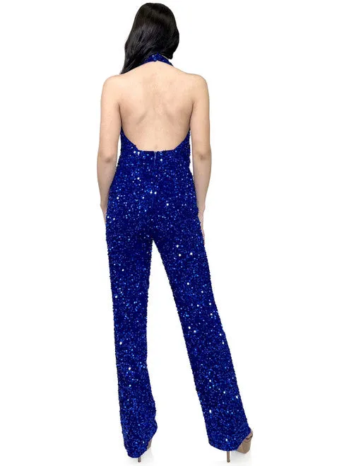 Marc Defang 8049 Long Jumpsuit Fun Fashion Velvet Sequin Halter Pageant Wear