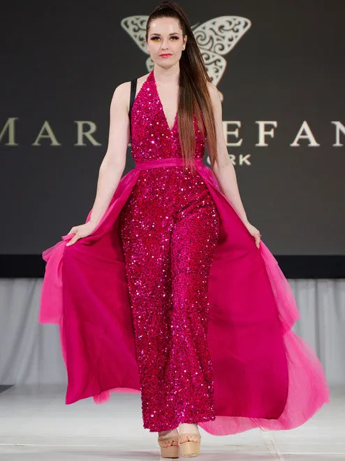 Marc Defang 8049 Long Jumpsuit Fun Fashion Velvet Sequin Halter Pageant Wear