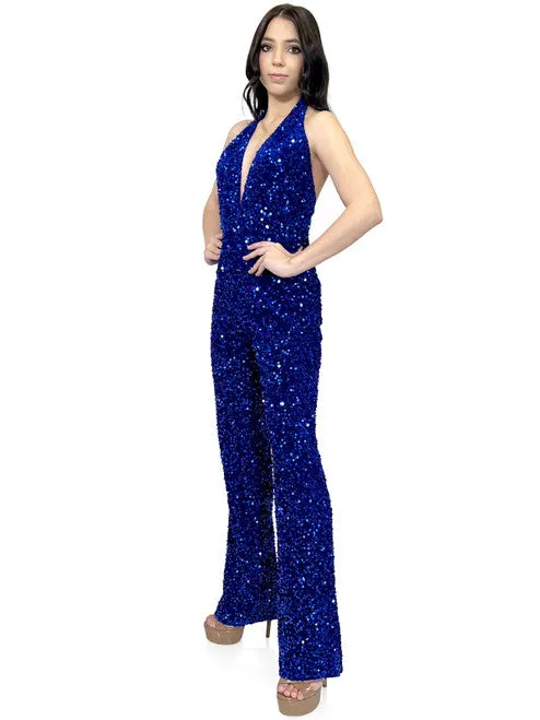 Marc Defang 8049 Long Jumpsuit Fun Fashion Velvet Sequin Halter Pageant Wear