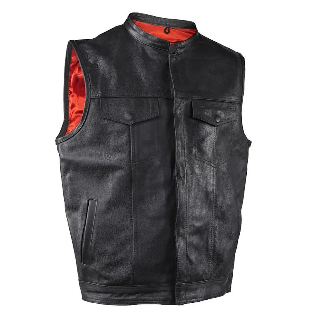 Mens Leather Motorcycle Club Vest With Gun Pockets Solid Back Mandarin Collar