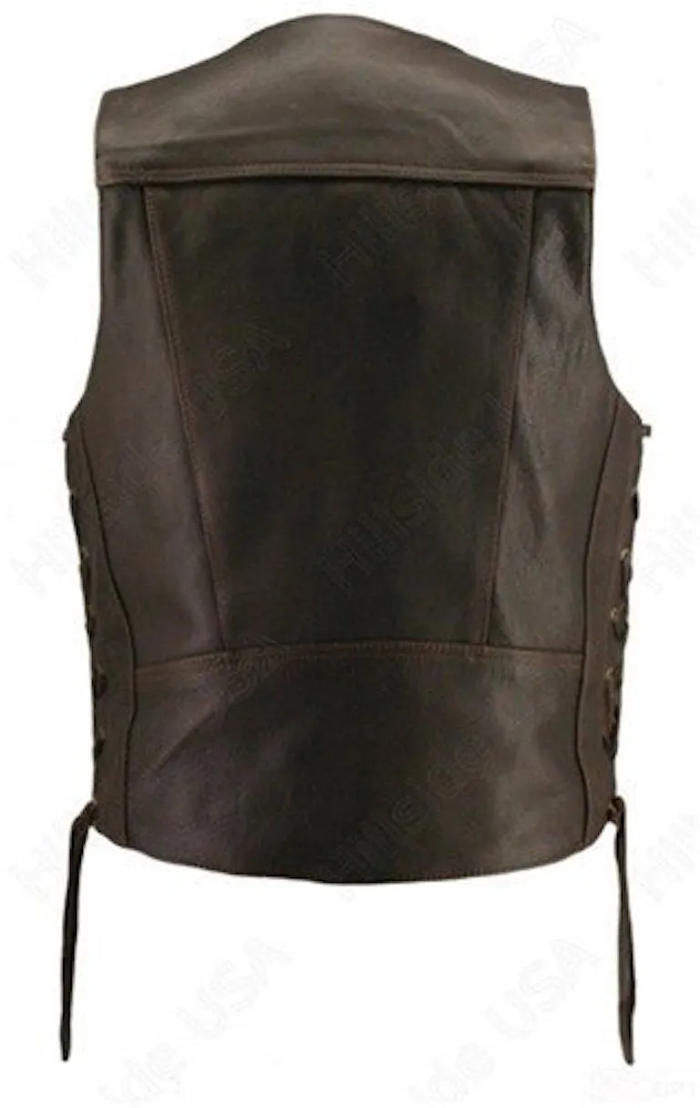 Men's Made in USA Distressed Brown Naked Leather Buffalo Nickel Motorcycle Vest Gun Pockets