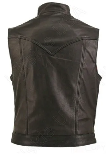 Mens Made in USA Leather Denim Style Stand Up Collar Motorcycle Vest Gun Pockets