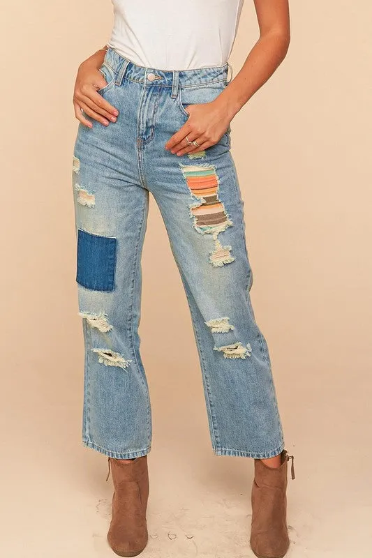 Mid Blue Ripped Patchwork High Waist Straight Leg Jeans