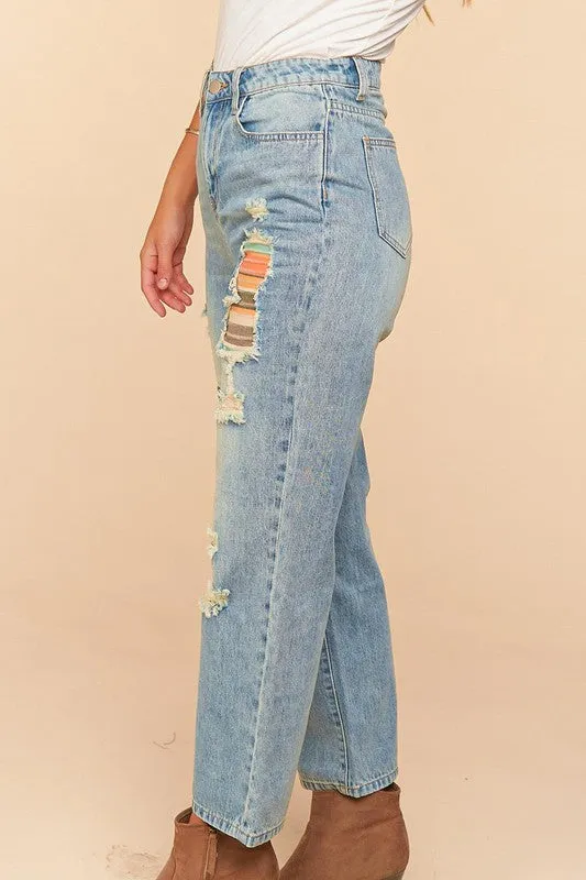 Mid Blue Ripped Patchwork High Waist Straight Leg Jeans