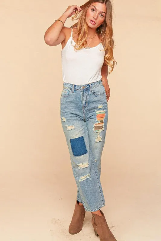 Mid Blue Ripped Patchwork High Waist Straight Leg Jeans