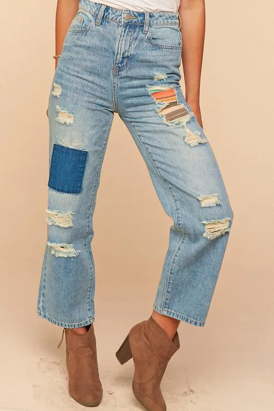 Mid Blue Ripped Patchwork High Waist Straight Leg Jeans