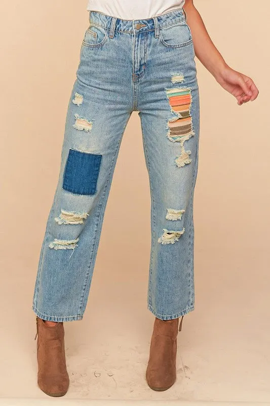 Mid Blue Ripped Patchwork High Waist Straight Leg Jeans