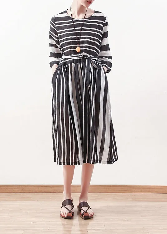 Modern black white striped linen clothes For tie waist cotton summer Dress