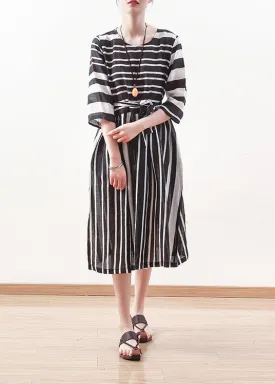 Modern black white striped linen clothes For tie waist cotton summer Dress