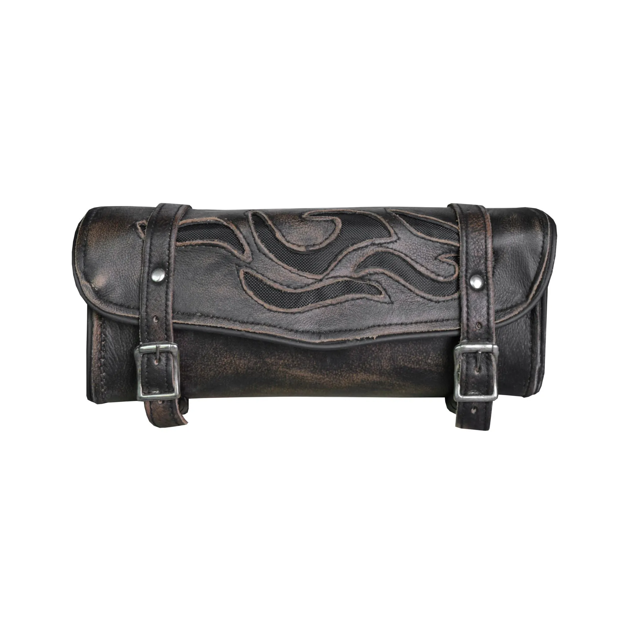 Motorcycle Tool Bag with Flames 12" Distress Brown Leather